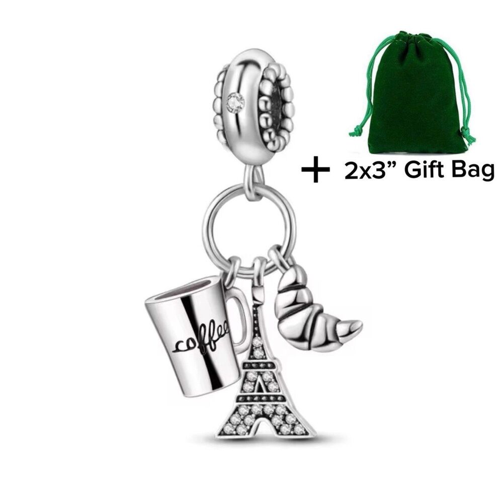 Paris Eiffel Tower Croissant Travel Lover Dangle Charm | 925 Silver | Brand New